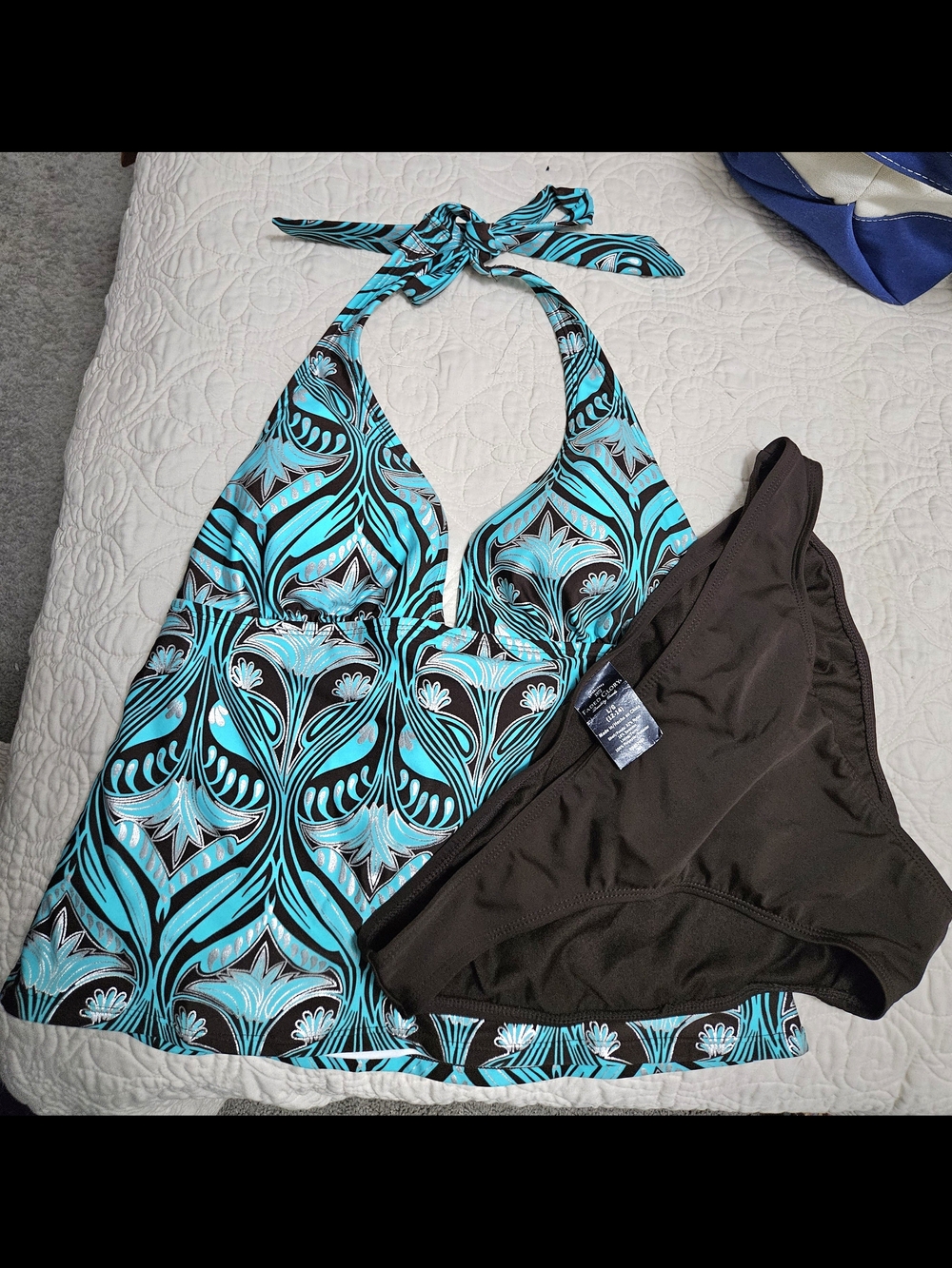 Faded Glory Turquoise & Brown Halter Tankini with Matching Brown Bikini Bottoms